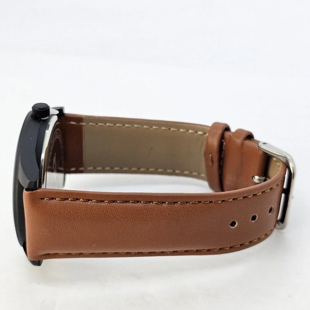 Field Men's Watch 42MM Easy Read Black Dial Black Case Brown Leather Band Straps